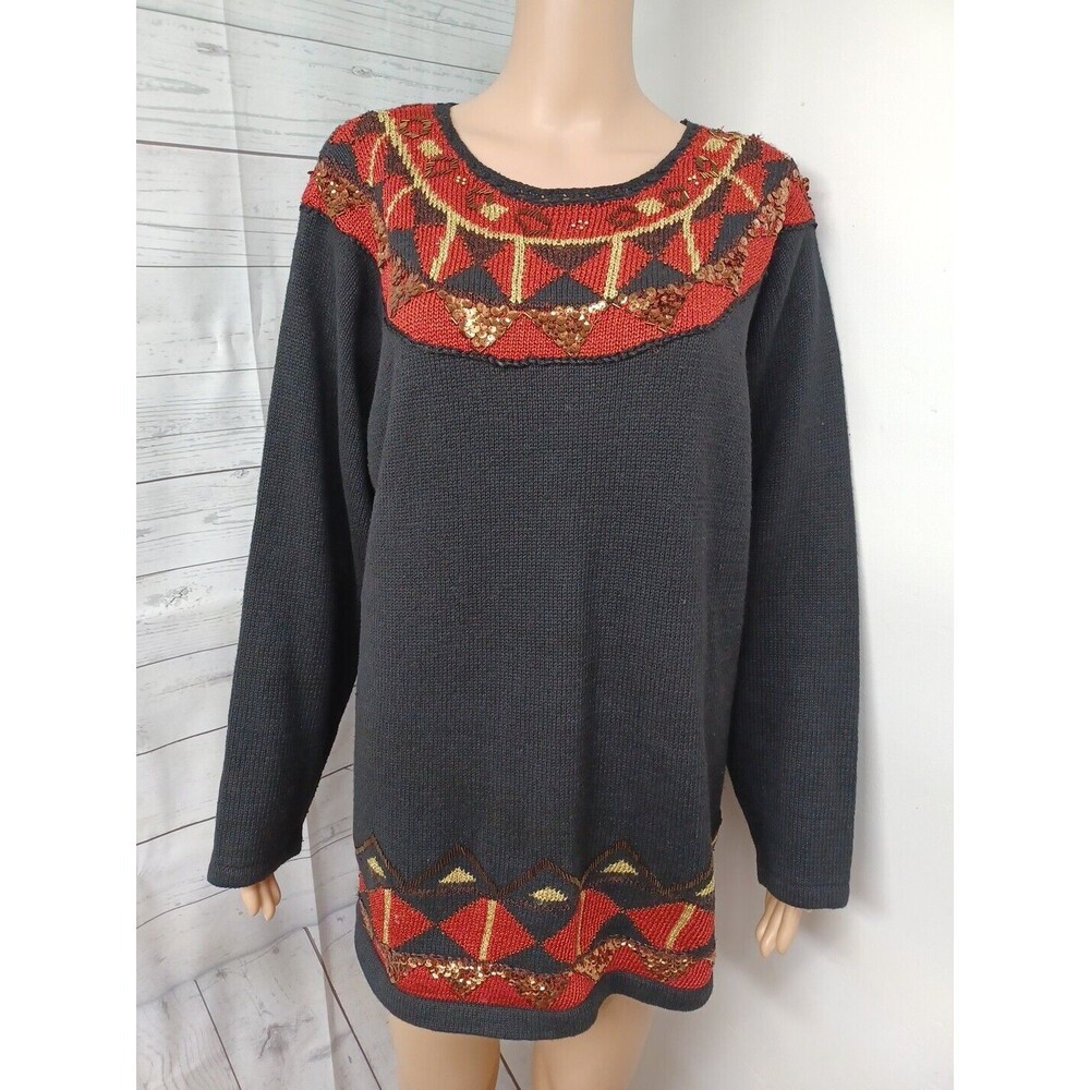 Vtg N8tive Nits Beaded Sweater Black Red Sequined Embellished Sz XL